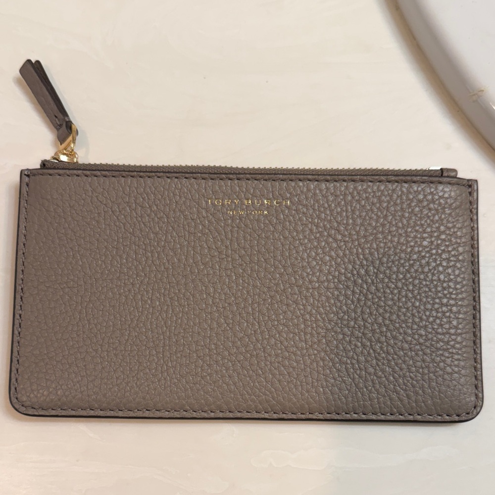 Tory Burch Pebbled Leather Zip Pouch - Taupe Gray